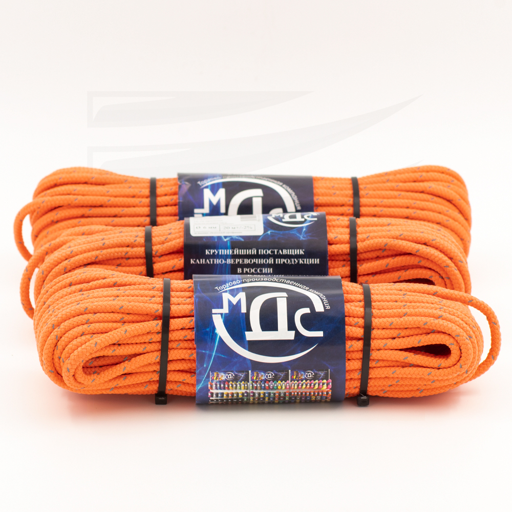 Канат полипропиленовый плетеный светоотражающий 6 мм 16 прядный 20 м с сердцевиной МДС