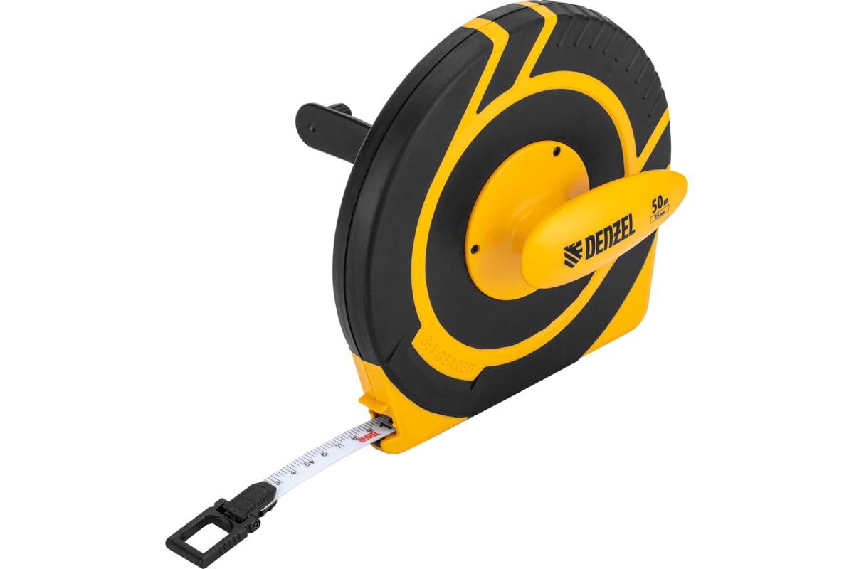 Рулетка 50м/15мм геодезическая фиберглассовая лента, ЗАКРЫТЫЙ корпус Denzel