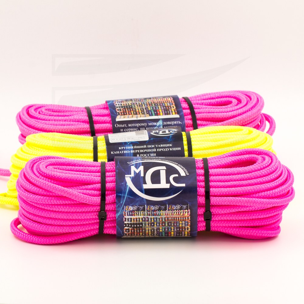 Канат полипропиленовый плетеный неон 8 мм 16 прядный 20 м с сердцевиной МДС